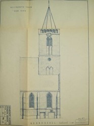 <p>Opmeting van de bestaande toestand van de noordgevel van de toren uit 1954. (Archief RCE). </p>
